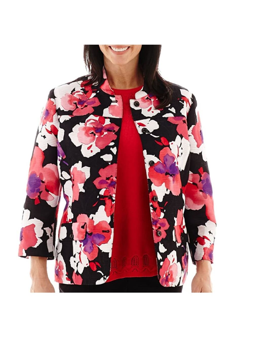 Alfred Dunner Play on Color Jacket Women 12 Pink Black Floral 3/4 Sleeve